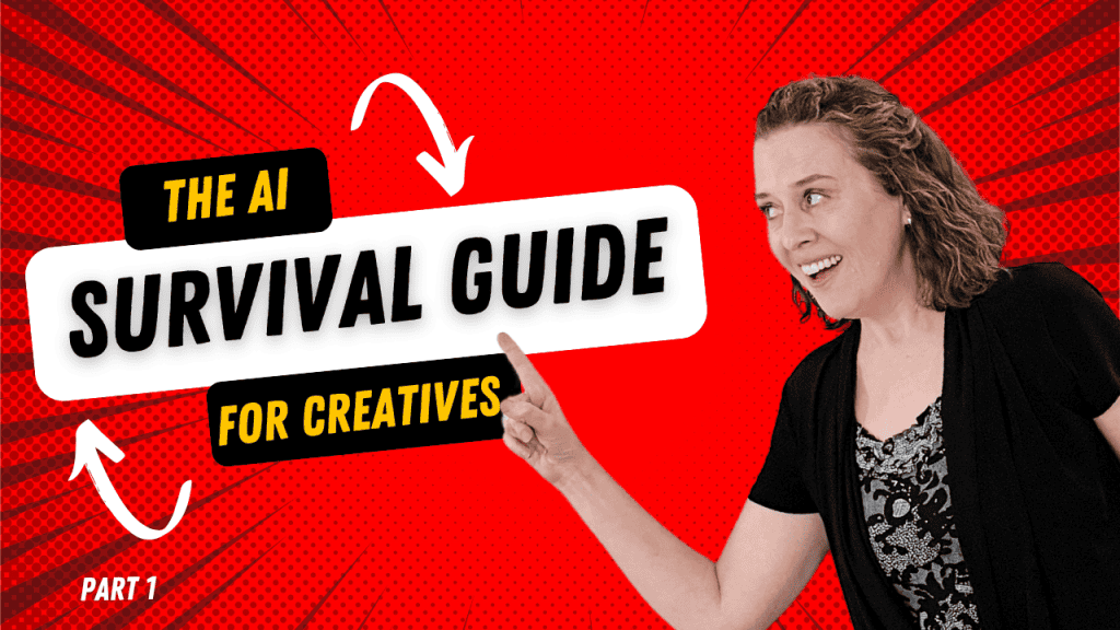 Shana Burg points to the words "The AI Survival Guide for Creatives"