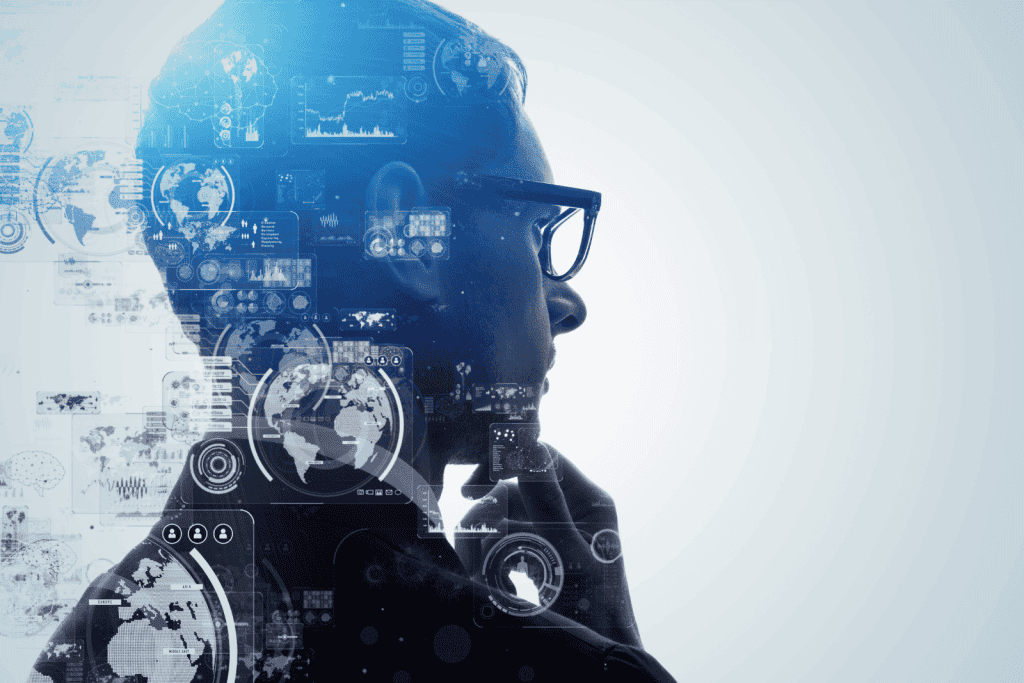 A man with hand on chin thinking. Illustrations of tech symbols overlayed on his image.