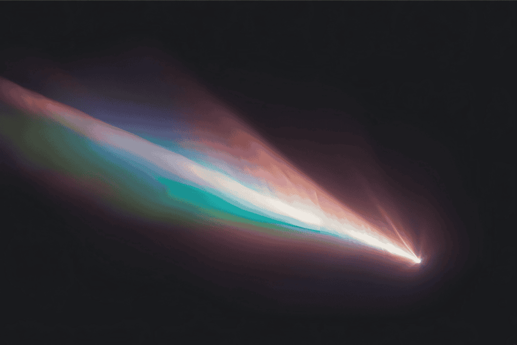 A comet soars through a night sky leaving a trail of colorful lights behind
