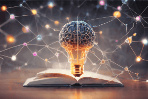Open book with illustration of a lightbulb standing atop the pages. The top of the bulb is a brain.
