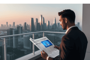 A man sits on a balcony of a skyscraper reading the newspaper