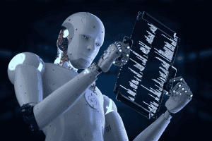 A white robot holds a screen and reads in the dark