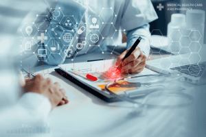 A doctor looks at a clipboard. AI graphics are superimposed on the image.