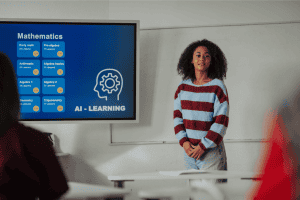 A high school teacher in front of a smartboard that projects a math lesson using AI