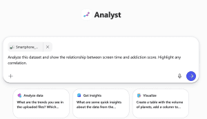 The prompt field for Analyst in Microsoft Copilot. A prompt is written in the chat: Analyze this data set. Show the relationship between screen time and addiction. Highlight any correlations.