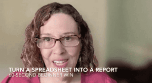 AI trainer Shana Burg. Text onscreen "Turn a spreadsheet into a report: 60-second beginner win"